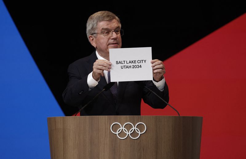 &copy; Reuters. Paris 2024 Olympics - IOC Session 2030 & 2034 Announcements - Le Palais des Congres de Paris, Paris, France - July 24, 2024. International Olympic Committee President Thomas Bach announces the Salt Lake City Utah as the location for the Winter Olympics 20