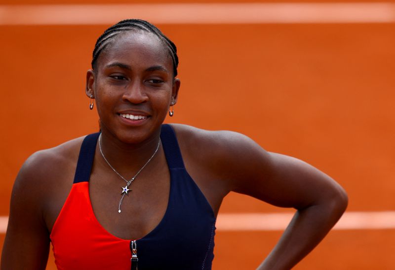 &copy; Reuters. FILE PHOTO: Paris 2024 Olympics - Tennis Training - Roland Garros Stadium, Paris, France - July 24, 2024. Coco Gauff of the U.S. during training. REUTERS/Edgar Su/File Photo