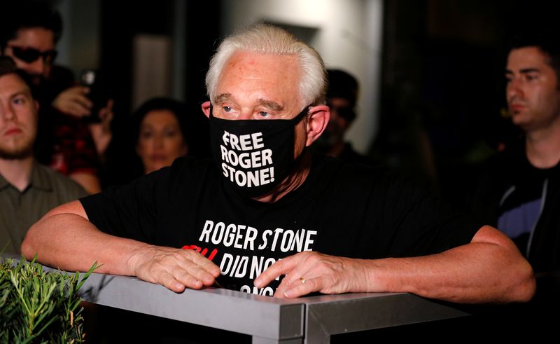 © Reuters. FILE PHOTO: Roger Stone, a longtime friend and adviser of U.S. President Donald Trump, reacts after Trump commuted his federal prison sentence outside his home in Fort Lauderdale, Florida, U.S. July 10, 2020.  REUTERS/Joe Skipper/File Photo