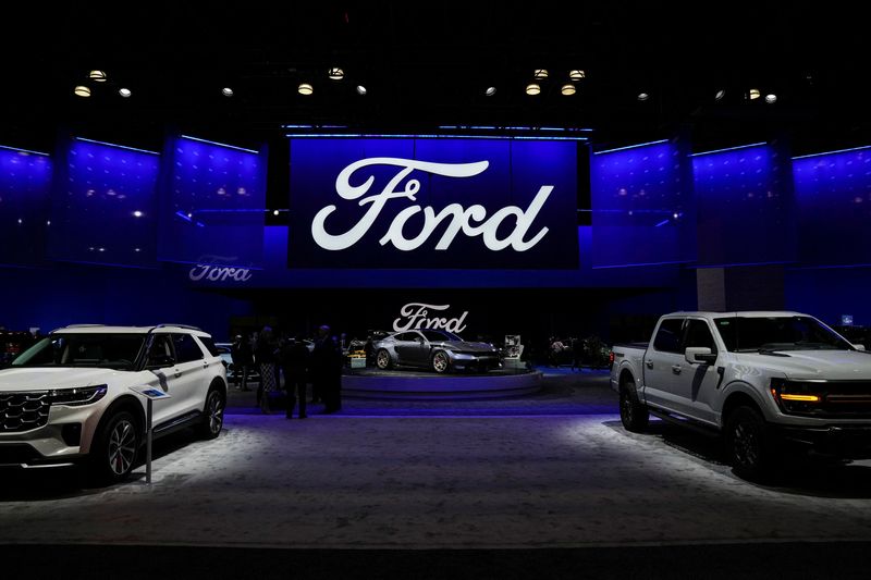 © Reuters. FILE PHOTO: Ford vehicles are displayed at the New York International Auto Show Press Preview, in Manhattan, New York City, U.S., March 27, 2024. REUTERS/David Dee Delgado