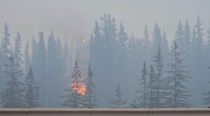 &copy; Reuters. FILE PHOTO: Flames and smoke rise from a burning wildfire, as seen from a highway, in Jasper, Alberta, Canada, July 23, 2024, in this screen grab obtained from a social media video. Donald Schroll/via REUTERS/File Photo