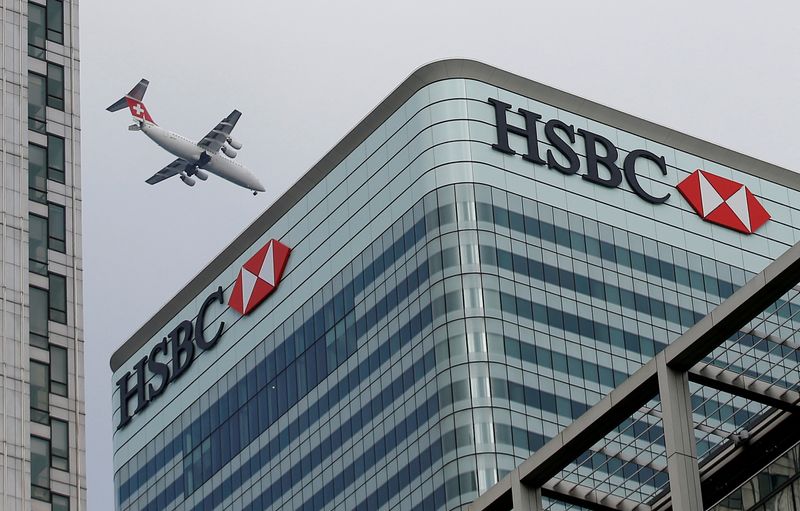 &copy; Reuters. FILE PHOTO: An aircraft flies past the HSBC headquarters building in the Canary Wharf financial district in east London February 15, 2015.   REUTERS/Peter Nicholls/File Photo