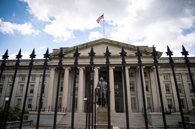 &copy; Reuters. FILE PHOTO: A statue of former Sen. Albert Gallatin stands at the Treasury Department in Washington, U.S., April 25, 2021. REUTERS/Al Drago/File Photo