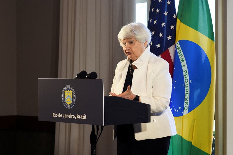 © Reuters. U.S. Treasury Secretary Janet Yellen speaks during a G20 event in Barra da Tijuca, Rio de Janeiro, Brazil, on July 25, 2024. REUTERS/Tita Barros