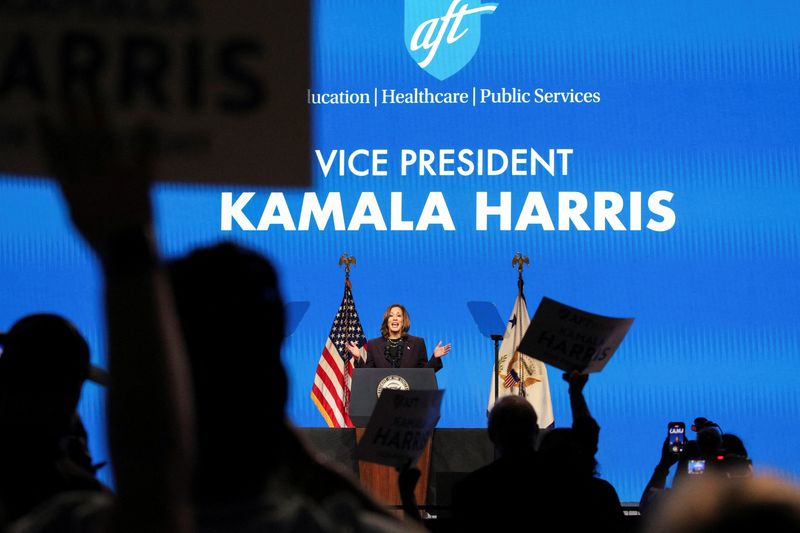 &copy; Reuters. U.S. Vice President Kamala Harris delivers the keynote speech at the American Federation of Teachers' 88th national convention in Houston, Texas, U.S. July 25, 2024. REUTERS/Kaylee Greenlee Beal