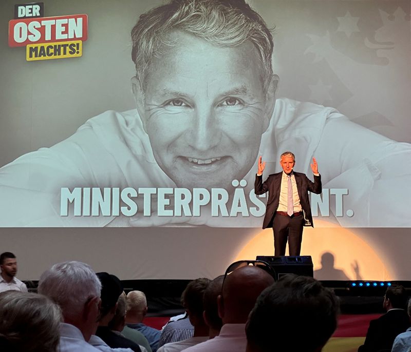 &copy; Reuters. Bjoern Hoecke, leader of the Alternative for Germany (AfD) in Thuringia, the state in east Germany where polls say his party could take 29% of the vote in September, speaks during an election campaign rally in Arnstadt, Germany, July 20, 2024.     REUTERS