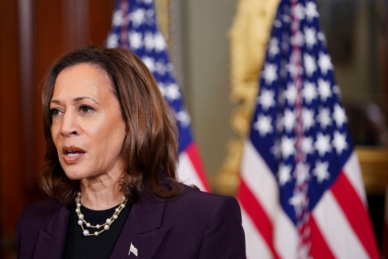 © Reuters. U.S. Vice President Kamala Harris delivers remarks at a press conference following a meeting with Israeli Prime Minister Benjamin Netanyahu in Washington, D.C., U.S., July 25, 2024. REUTERS/Nathan Howard/ File Photo