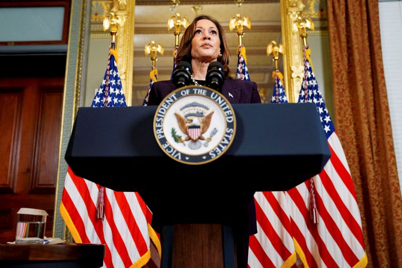 © Reuters. U.S. Vice President Kamala Harris delivers remarks at a press conference following a meeting with Israeli Prime Minister Benjamin Netanyahu in Washington, D.C., U.S., July 25, 2024. REUTERS/Nathan Howard/File Photo