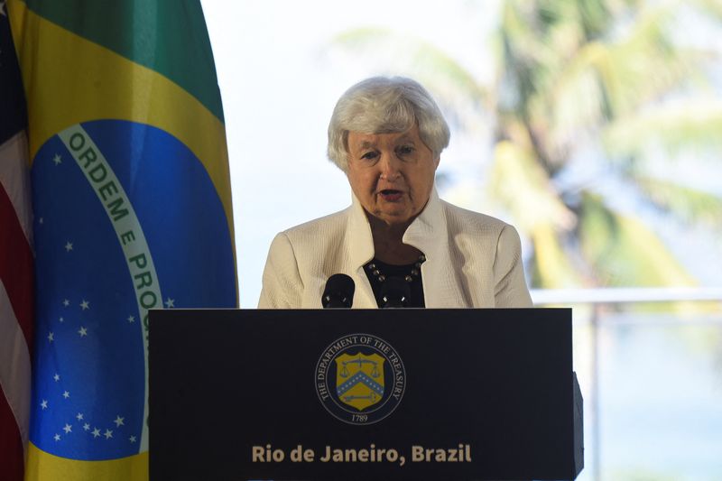 © Reuters. FILE PHOTO: U.S. Treasury Secretary Janet Yellen speaks during a G20 event in Barra da Tijuca, Rio de Janeiro, Brazil, on July 25, 2024. REUTERS/Tita Barros/File Photo