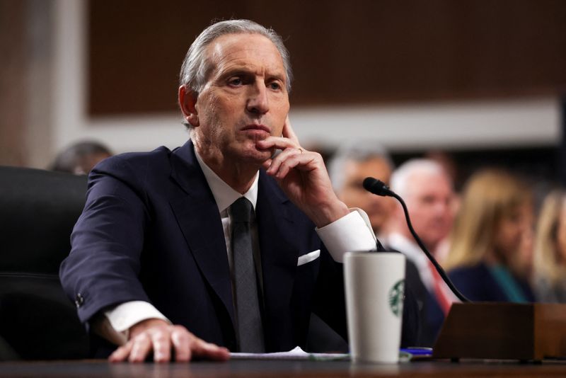 &copy; Reuters. FILE PHOTO: Former Starbucks Chief Executive Officer Howard Schultz testifies at a Senate Health, Education, Labor, and Pensions Committee hearing about the company's compliance with labor law on Capitol Hill in Washington., U.S., March 29, 2023. REUTERS/