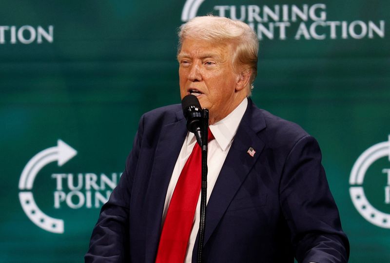 &copy; Reuters. FILE PHOTO: Republican presidential nominee and former U.S. President Donald Trump speaks at Turning Point Action's The Believers Summit 2024 in West Palm Beach, Florida, U.S., July 26, 2024. REUTERS/Marco Bello/File Photo