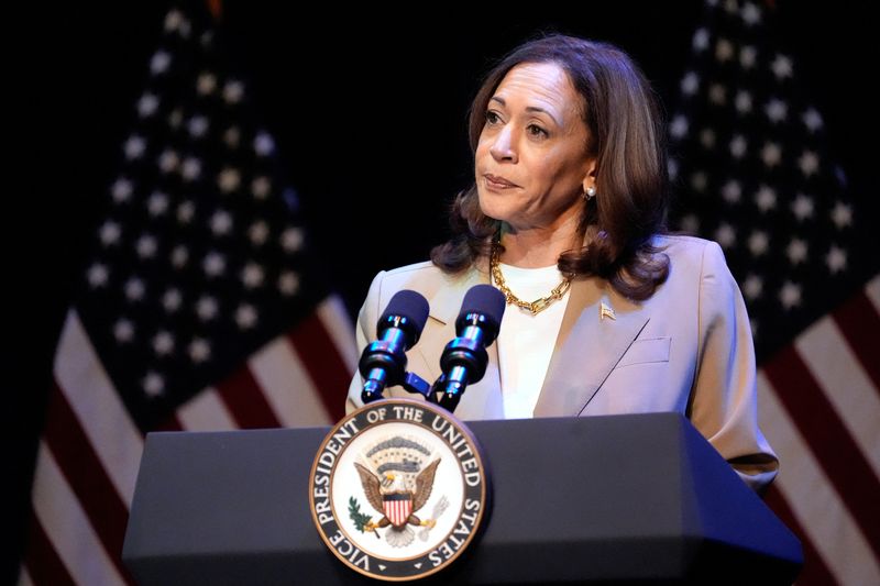 © Reuters. U.S. Vice President Kamala Harris delivers remarks at a campaign event in Pittsfield, Mass., U.S.,  July 27, 2024.  Stephanie Scarbrough/Pool via REUTERS