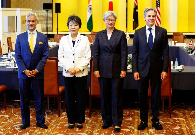 &copy; Reuters. U.S. Secretary of State Antony Blinken, Australian Foreign Minister Penny Wong, Indian External Affairs Minister Subrahmanyam Jaishankar and Japanese Foreign Minister Yoko Kamikawa pose as they attend a Quad Ministerial Meeting at Iikura Guest House in To