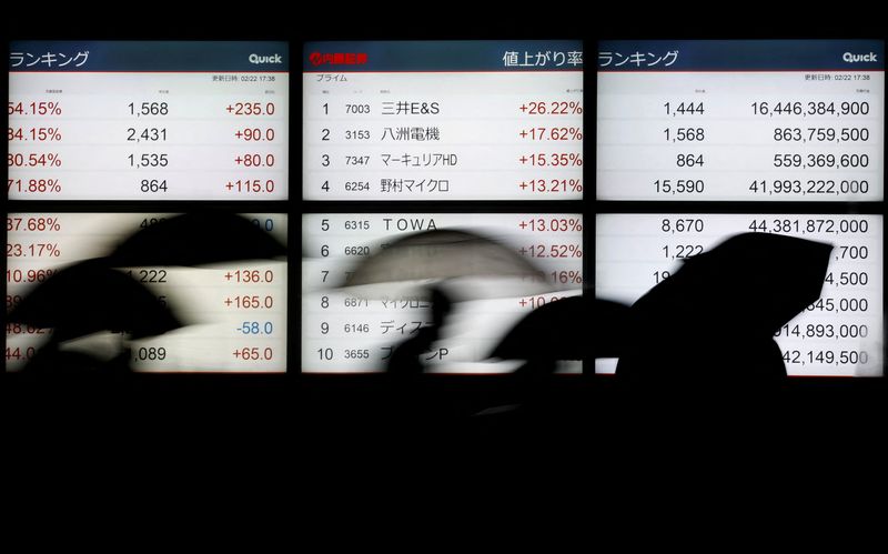 &copy; Reuters. FILE PHOTO: Passersby walk past in front of electric screens, displying Japan's Nikkei stock quotation board, which the average surged to a record high, outside of a brokerage in Tokyo, Japan February 22, 2024.  REUTERS/Issei Kato/File Photo