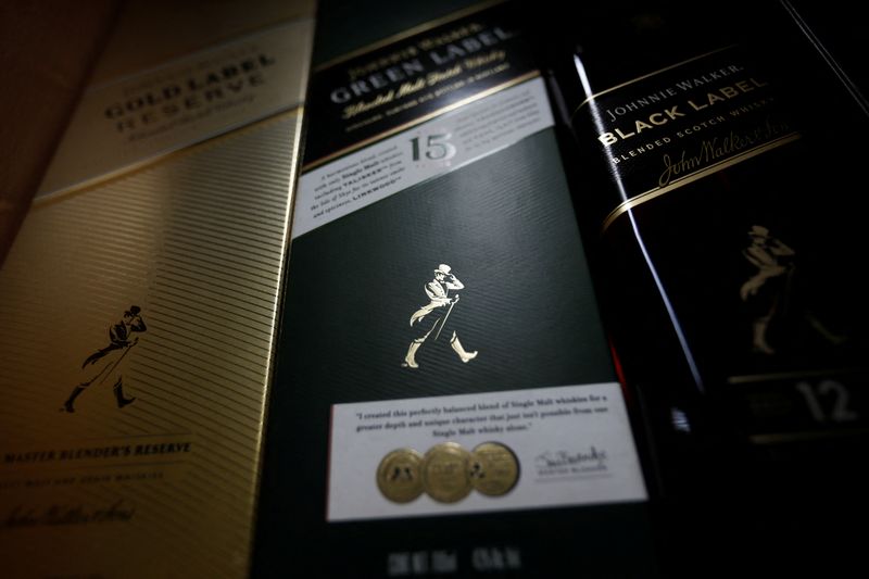 © Reuters. FILE PHOTO: Boxes holding bottles of Johnnie Walker whisky are on display at a liquor store that sells whiskies and other spirits distributed by Diageo, in Mexico City, Mexico, December 7, 2023. REUTERS/Daniel Becerril/File Photo