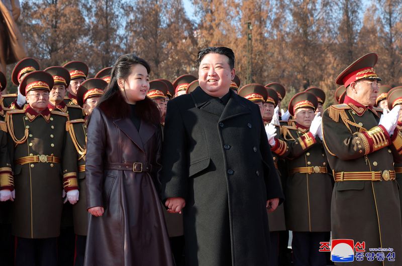 &copy; Reuters. FILE PHOTO: North Korean leader Kim Jong Un and his daughter Kim Ju Ae visit the Ministry of National Defense on the occasion of the 76th anniversary of the founding of the Korean People's Army in Pyongyang, North Korea in this picture released on Februar