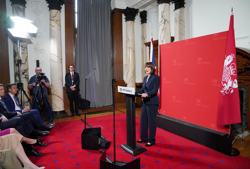 &copy; Reuters. FILE PHOTO: Chancellor of the Exchequer Rachel Reeves gives a speech at the Treasury in London, Britain, to an audience of leading business figures and senior stakeholders, announcing the first steps the new Government will be taking to deliver economic g