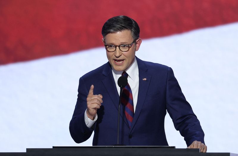 &copy; Reuters. FILE PHOTO: House Speaker Mike Johnson (R-LA) speaks during Day 2 of the Republican National Convention (RNC), at the Fiserv Forum in Milwaukee, Wisconsin, U.S., July 16, 2024. REUTERS/Mike Segar/File Photo