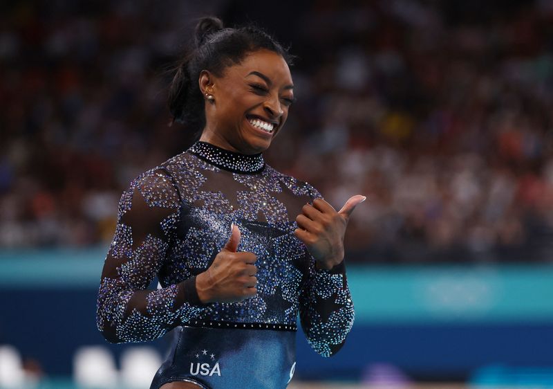 &copy; Reuters. FILE PHOTO: Paris 2024 Olympics - Artistic Gymnastics - Women's Qualification - Subdivision 2 - Bercy Arena, Paris, France - July 28, 2024. Simone Biles of United States reacts during the Women's Qualification. REUTERS/Hannah Mckay/File Photo