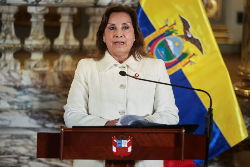 © Reuters. FILE PHOTO: Peru's President Dina Boluarte speaks on the day of the Presidential Meeting and XV Bilateral Cabinet between the Governments of Peru and Ecuador, in Lima, Peru, July 4, 2024. REUTERS/Sebastian Castaneda/File Photo