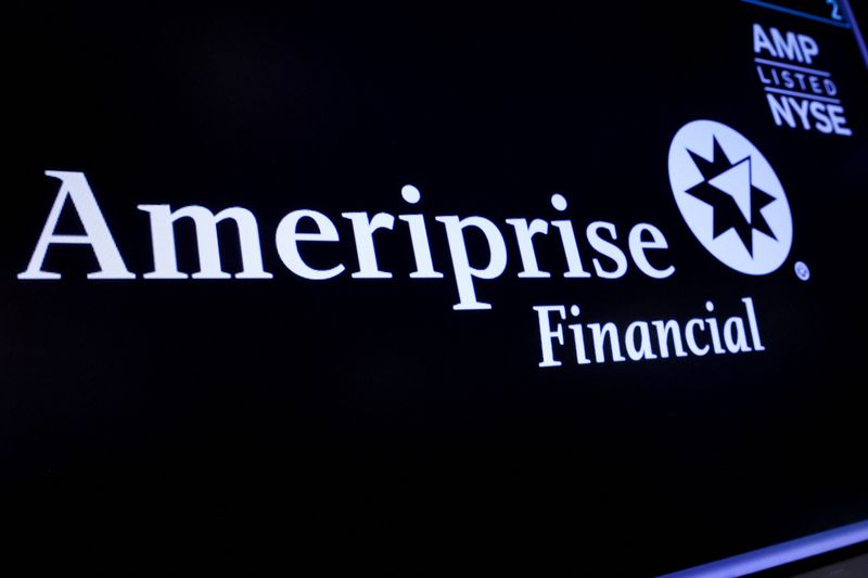 &copy; Reuters. FILE PHOTO: A screen displays the logo and trading information for Ameriprise Financial, Inc. on the floor of the New York Stock Exchange (NYSE) in New York City, U.S., March 29, 2023.  REUTERS/Brendan McDermid/File Photo