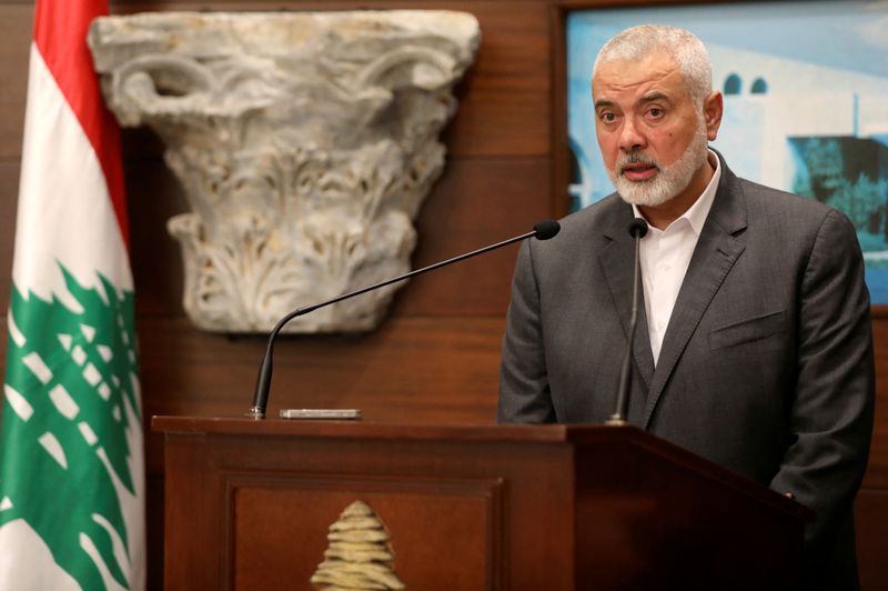 © Reuters. FILE PHOTO: Palestinian group Hamas' top leader Ismail Haniyeh talks after meeting with Lebanon's President Michel Aoun, in Baabda, Lebanon June 28, 2021. REUTERS/Mohamed Azakir/File Photo