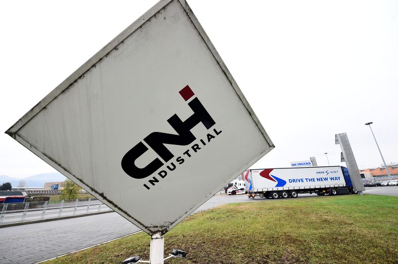 © Reuters. FILE PHOTO: Italian-American Industrial vehicle maker CNH's logo is pictured at an event held to present CNH's new full-electric and Hydrogen fuel-cell battery trucks in partnership with U.S. Nikola event in Turin, Italy, December 3, 2019. REUTERS/Massimo Pinca/File Photo