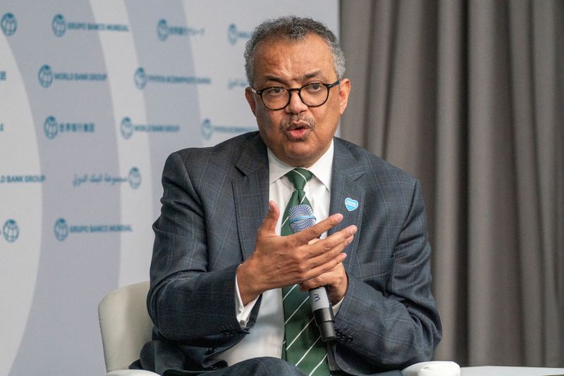 © Reuters. FILE PHOTO: World Health Organization Director-General Tedros Adhanom Ghebreyesus speaks during an event about expanding health coverage for all during the IMF and World Bank’s 2024 annual Spring Meetings in Washington, U.S., April 18, 2024. REUTERS/Ken Cedeno/File Photo