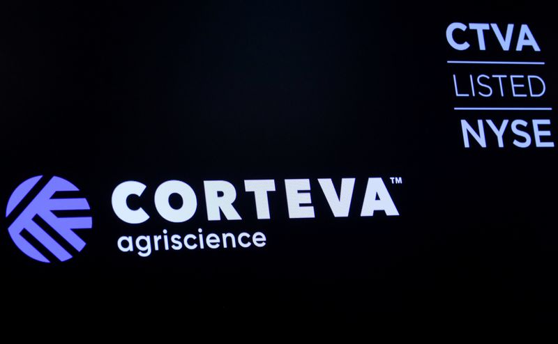 ©Reuters.  FILE PHOTO: The logo and trading information for Corteva Agriscience, a former division of DowDuPont, are displayed on a screen at the New York Stock Exchange (NYSE) in New York, US, June 3, 2019. REUTERS/Brendan McDermid/File Photo