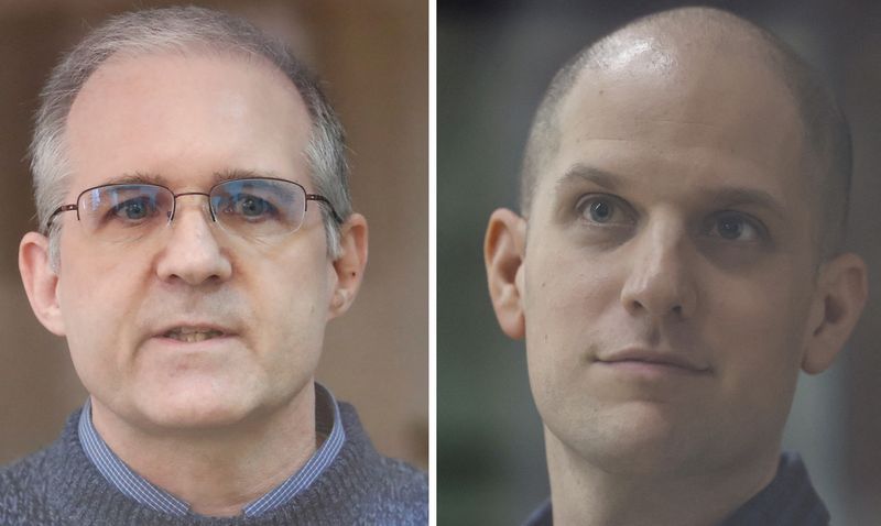 © Reuters. A combination picture shows former U.S. Marine Paul Whelan, who was detained and accused of espionage, as he speaks inside a defendants' cage during a court hearing to consider an appeal to extend his detention, in Moscow, Russia June 20, 2019, and 