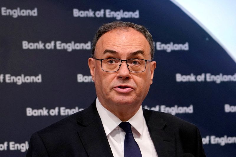 &copy; Reuters. FILE PHOTO: Andrew Bailey, the governor of the Bank of England, addresses the media during a press conference at the Bank of England in London, Britain, August 1, 2024. Alberto Pezzali/Pool via REUTERS/File Photo