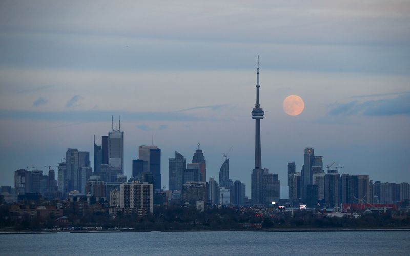 © Reuters. FILE PHOTO: The moon rises behind the CN Tower, a Canadian landmark, and the skyline in Toronto, Canada November 24, 2015.    REUTERS/Mark Blinch/File Photo