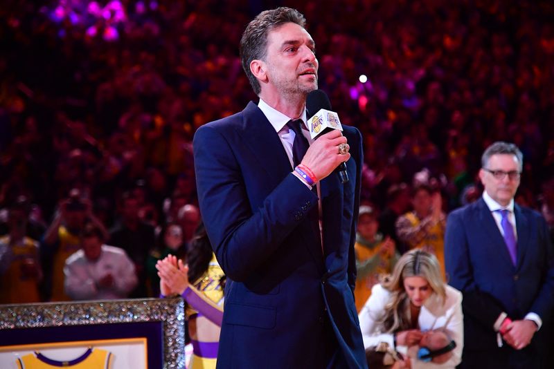 &copy; Reuters. Mar 7, 2023; Los Angeles, California, USA; Former Los Angeles Lakers player Pau Gasol speaks during his jersey retirement during halftime at Crypto.com Arena. Mandatory Credit: Gary A. Vasquez-USA TODAY Sports/ File Photo