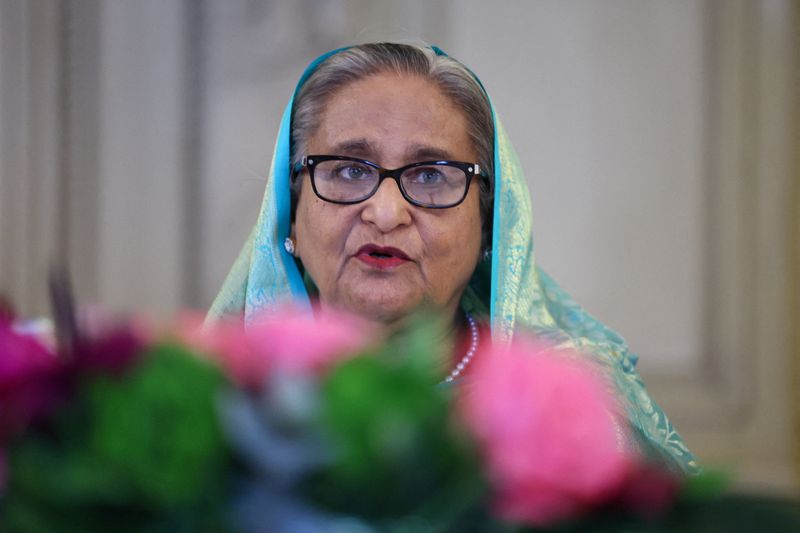 © Reuters. Bangladeshi Prime Minister Sheikh Hasina speaks as she meets with British Foreign Secretary David Cameron (not pictured) during the annual Munich Security Conference, in Munich, Germany February 17, 2024. REUTERS/Wolfgang Rattay/File Photo