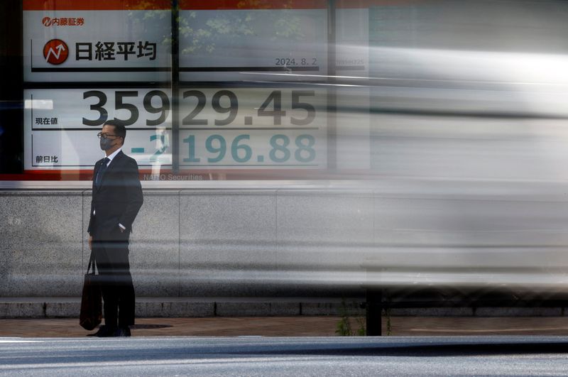 © Reuters. FILE PHOTO: A man stands in front of an electronic screen displaying Japan's Nikkei share average outside a brokerage in Tokyo, Japan August 2, 2024. REUTERS/Issei Kato/File Photo