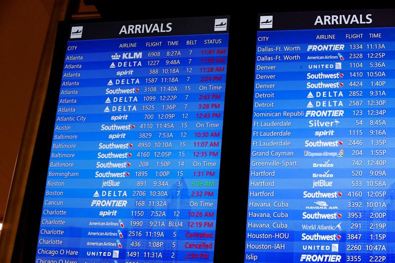 &copy; Reuters. FILE PHOTO: A view of a flight information display board where passengers are able to know the status of their flights after airlines were grounded worldwide caused by a tech outage from an update to CrowdStrike's 'Falcon Sensor' software, crashing Micros