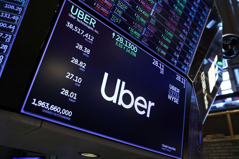 &copy; Reuters. FILE PHOTO: The Uber logo is seen on the trading floor at the New York Stock Exchange (NYSE) in Manhattan, New York City, U.S., August 2, 2022. REUTERS/Andrew Kelly/File Photo