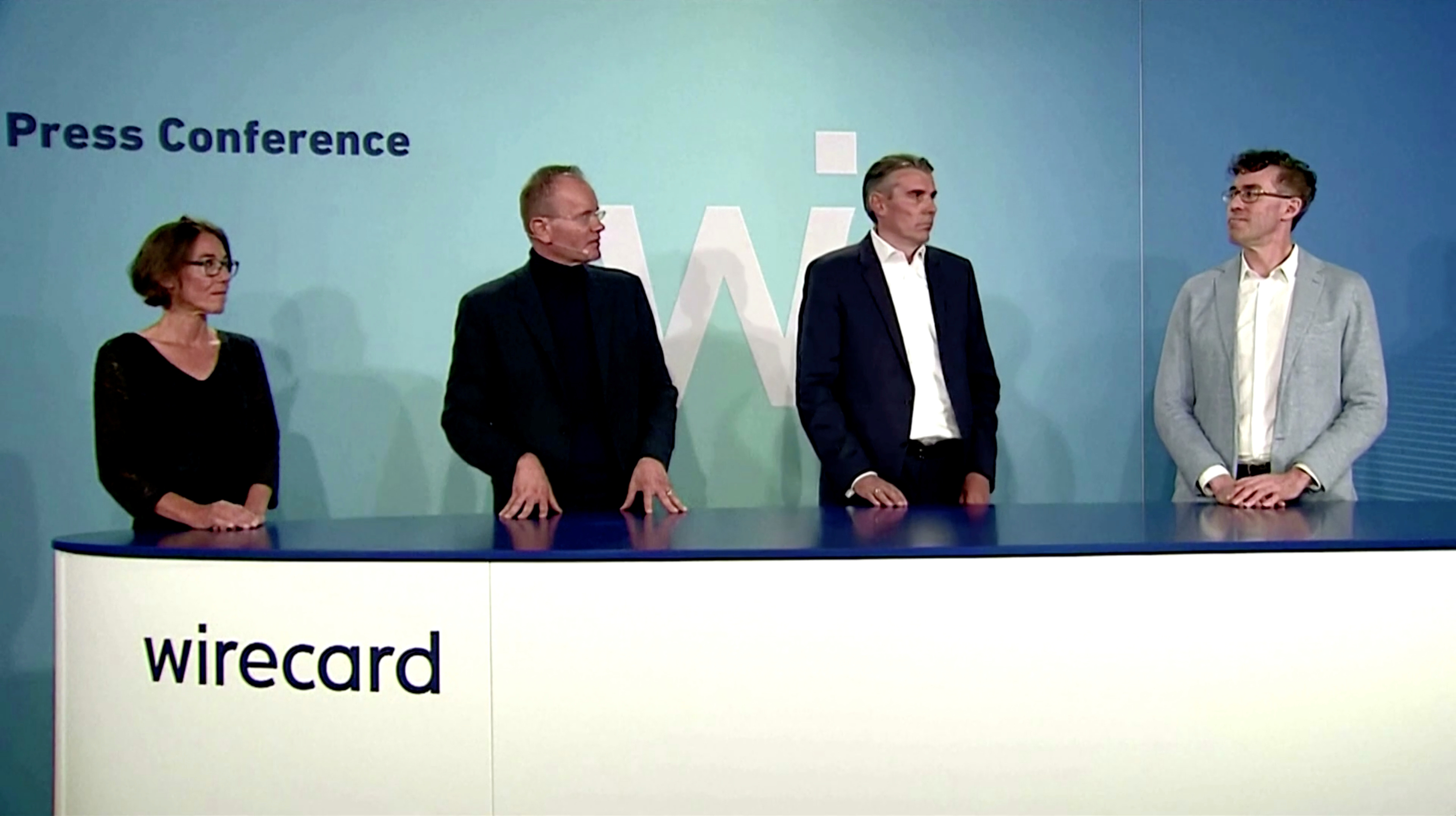 © Reuters. A screen grab taken from a video on July 8, 2020 shows four members of the management board of Wirecard AG Chief Product Officer Susanne Steidl, former CEO Markus Braun, Chief Financial Officer Alexander von Knoop and current CEO James Freis during a statement in Aschheim, near Munich, Germany June 19, 2020. Wirecard Handout/Reuters TV via Reuters/ File Photo