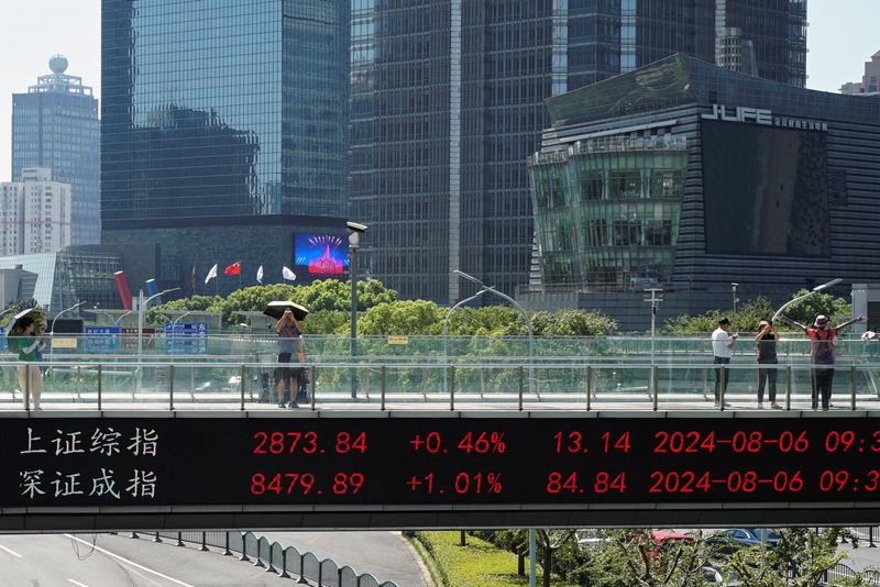 &copy; Reuters. People take pictures on an overpass with a display of stock information in front of buildings in the Lujiazui financial district in Shanghai, China August 6, 2024. REUTERS/Nicoco Chan/ File Photo