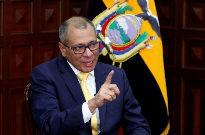 © Reuters. FILE PHOTO: Ecuador's Vice President Jorge Glas talks during an interview with Reuters at the Government Palace in Quito, Ecuador, August 29, 2017.  REUTERS/Daniel Tapia/File Photo