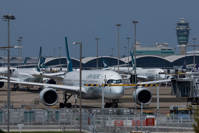 &copy; Reuters. FILE PHOTO: Cathay Pacific aircraft are seen parked at Hong Kong International Airport in Hong Kong, China August 7, 2024. REUTERS/Tyrone Siu/File Photo