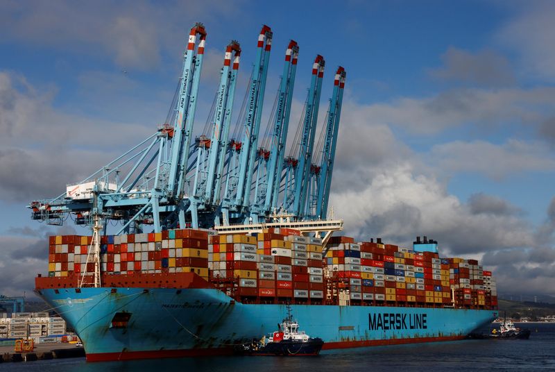 © Reuters. FILE PHOTO: Containers are seen on the Maersk's Triple-E giant container ship Majestic Maersk, one of the world's largest container ships, next to cranes at the APM Terminals in the port of Algeciras, Spain January 20, 2023. REUTERS/Jon Nazca