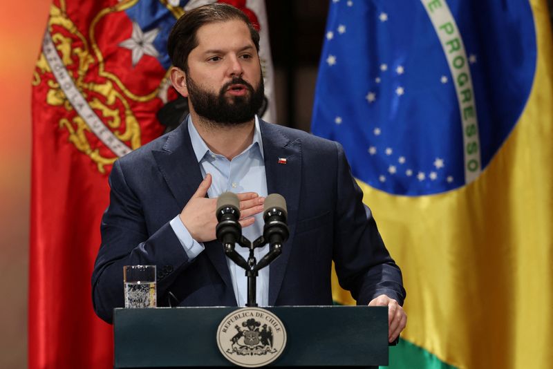 &copy; Reuters. FILE PHOTO: Chile’s President Gabriel Boric delivers a statement along with Brazil’s President Luiz Inacio Lula da Silva (not pictured) at La Moneda government palace, in Santiago, Chile August 5, 2024. REUTERS/Ivan Alvarado/File Photo