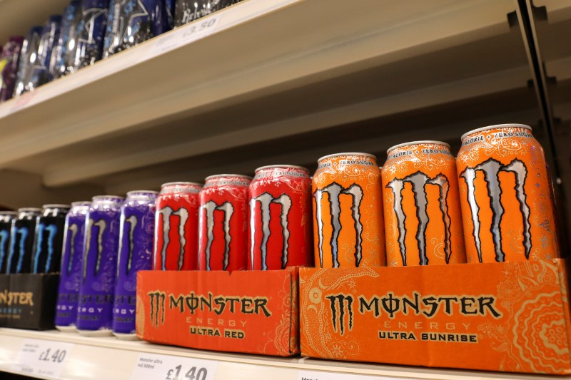 &copy; Reuters. FILE PHOTO: Cans of Monster energy drinks sit on display at a Sainsbury's store in London, Britain, August 30, 2018. REUTERS/Simon Dawson/File Photo