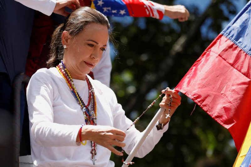 &copy; Reuters. Líder opositora venezulana María Corina Machado em protesto em Caracasn03/08/2024nREUTERS/Leonardo Fernandez Viloria 