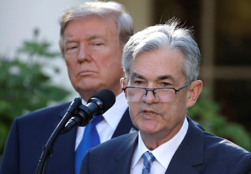 © Reuters. FILE PHOTO: U.S. President Donald Trump looks on as Jerome Powell, his nominee to become chairman of the U.S. Federal Reserve, speaks at the White House in Washington, U.S., November 2, 2017. REUTERS/Carlos Barria/File Photo