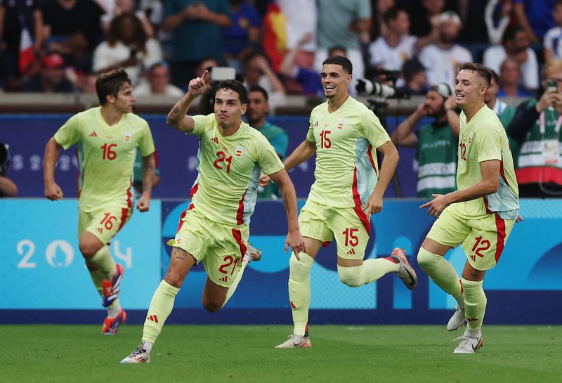 &copy; Reuters. Camello comemora quarto gol da Espanha contra a Françan09/08/2024nREUTERS/Paul Childs