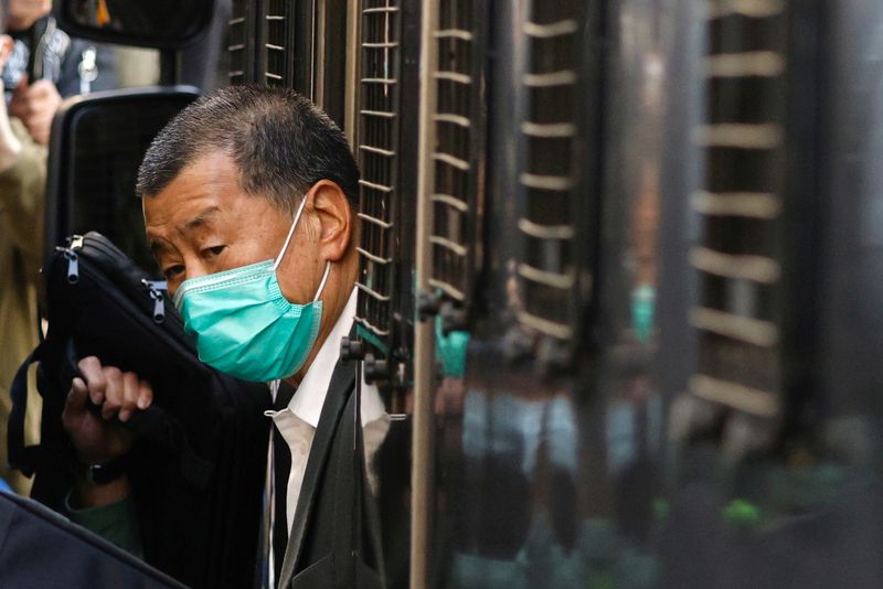 &copy; Reuters. FILE PHOTO: Media mogul Jimmy Lai, founder of Apple Daily, arrives the Court of Final Appeal by prison van in Hong Kong, China February 1, 2021. REUTERS/Tyrone Siu/File Photo