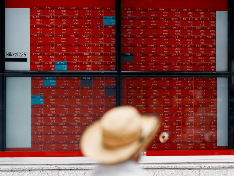 © Reuters. FILE PHOTO: A man looks at an electronic board displaying the Nikkei stock average outside a brokerage in Tokyo, Japan, August 6, 2024. REUTERS/Willy Kurniawan/File Photo