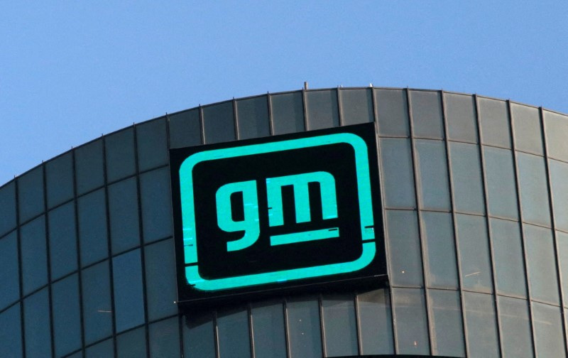 &copy; Reuters. FILE PHOTO: The new GM logo is seen on the facade of the General Motors headquarters in Detroit, Michigan, U.S., March 16, 2021. Picture taken March 16, 2021.  REUTERS/Rebecca Cook/File Photo